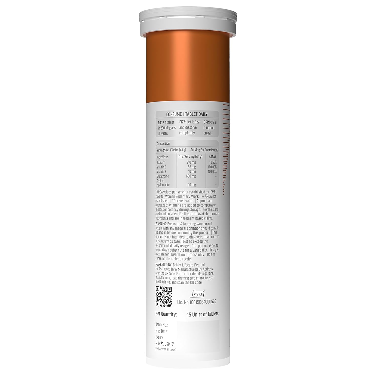 Hk Vitals Skin Glutathione with Vitamin C Orange Flavour 15 Effervescent Tablets