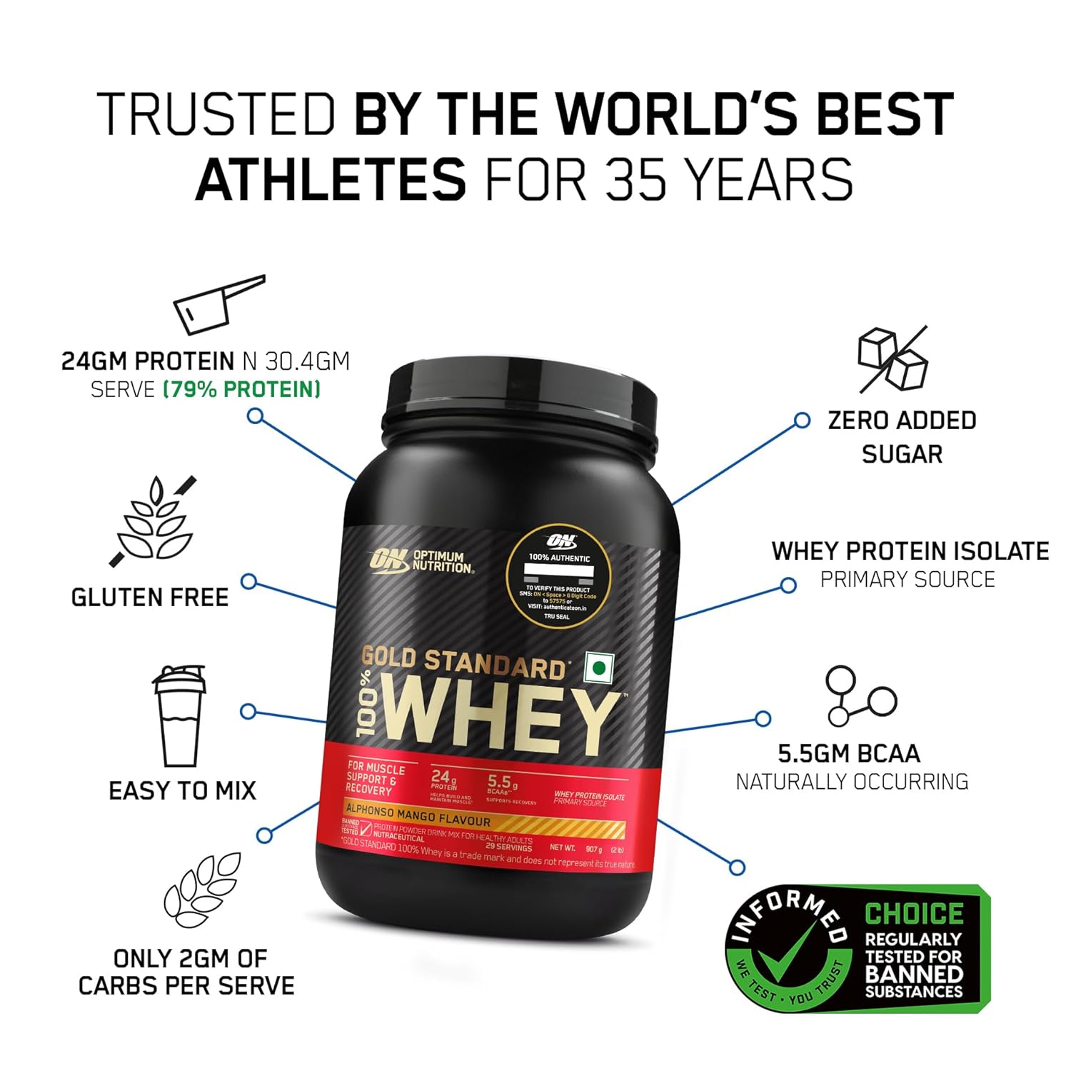 Optimum Nutrition Gold Standard 100% Whey Alphonso Mango Flavour 907g