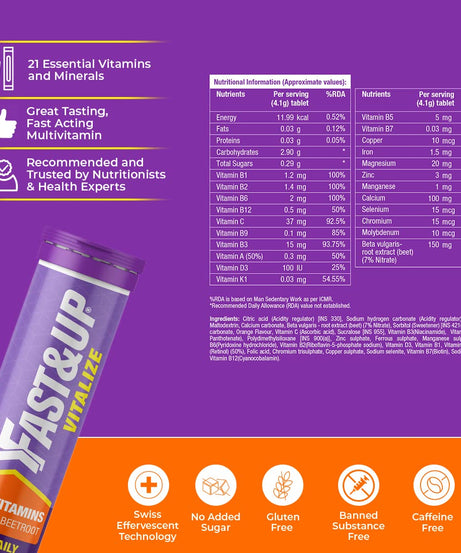 Fast&Up Vitalize Multivitamins+Beetroot Orange Flavour 20 Effervescent Tablets