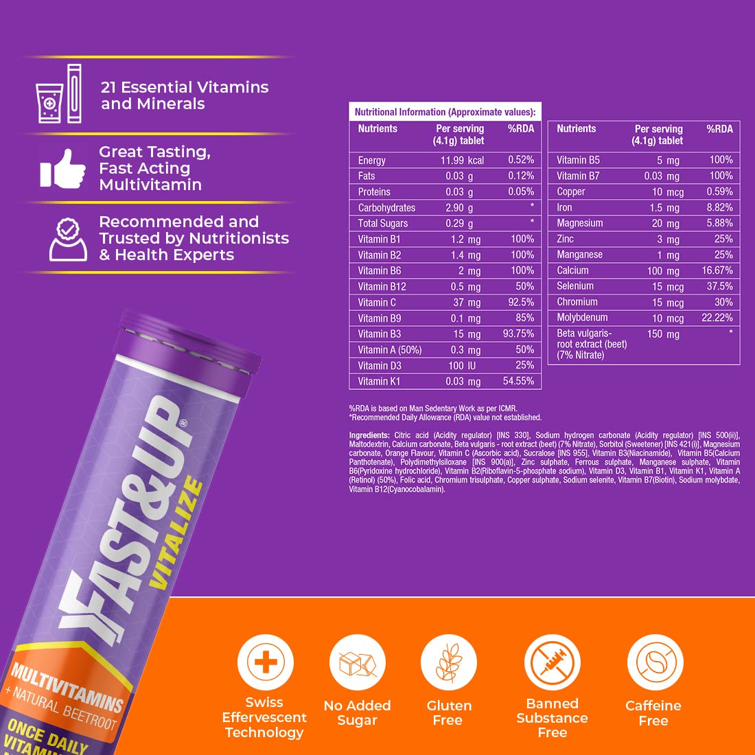 Fast&Up Vitalize Multivitamins+Beetroot Orange Flavour 20 Effervescent Tablets