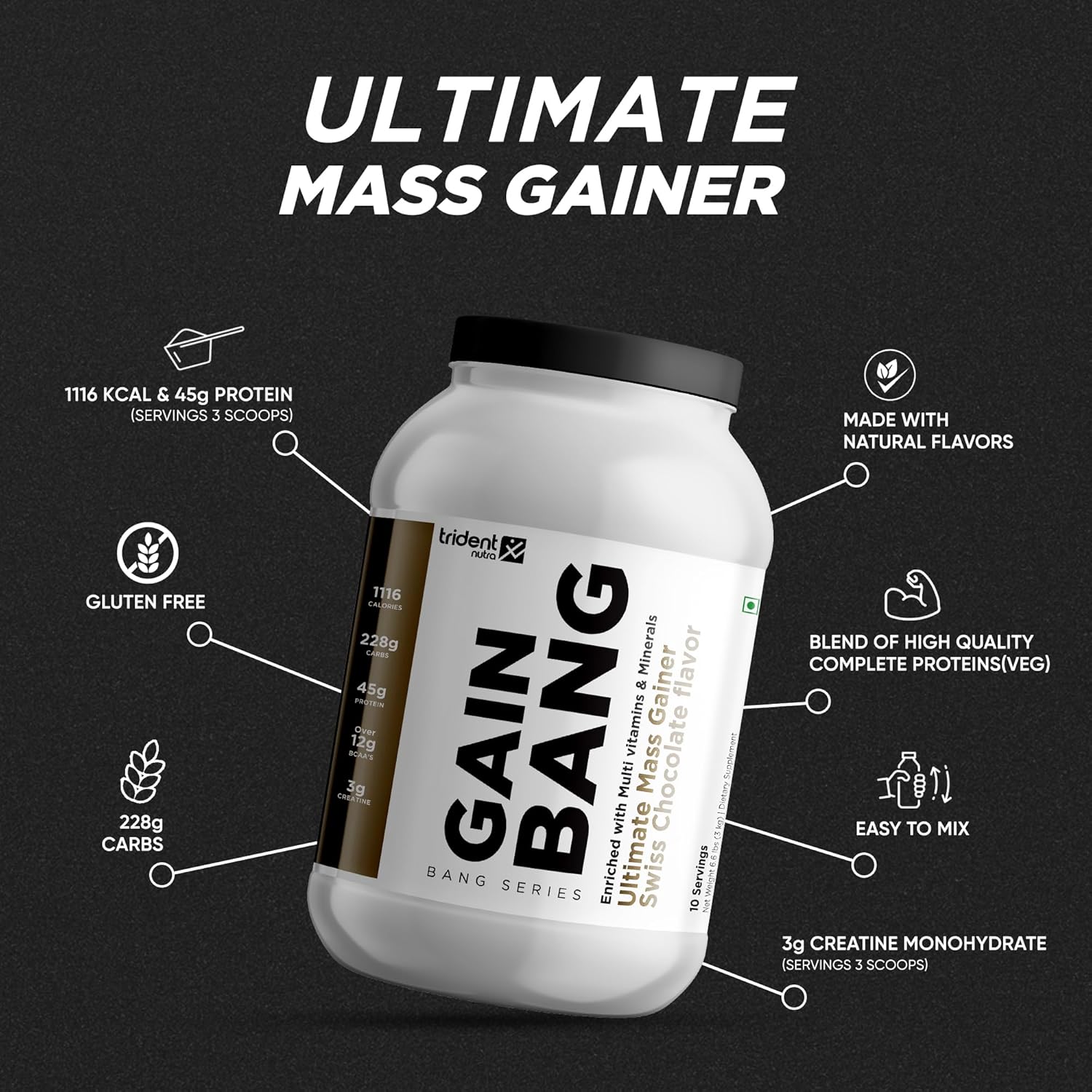 Trident Nutra Gain Bang Ultimate Mass gainer Swiss 3kg