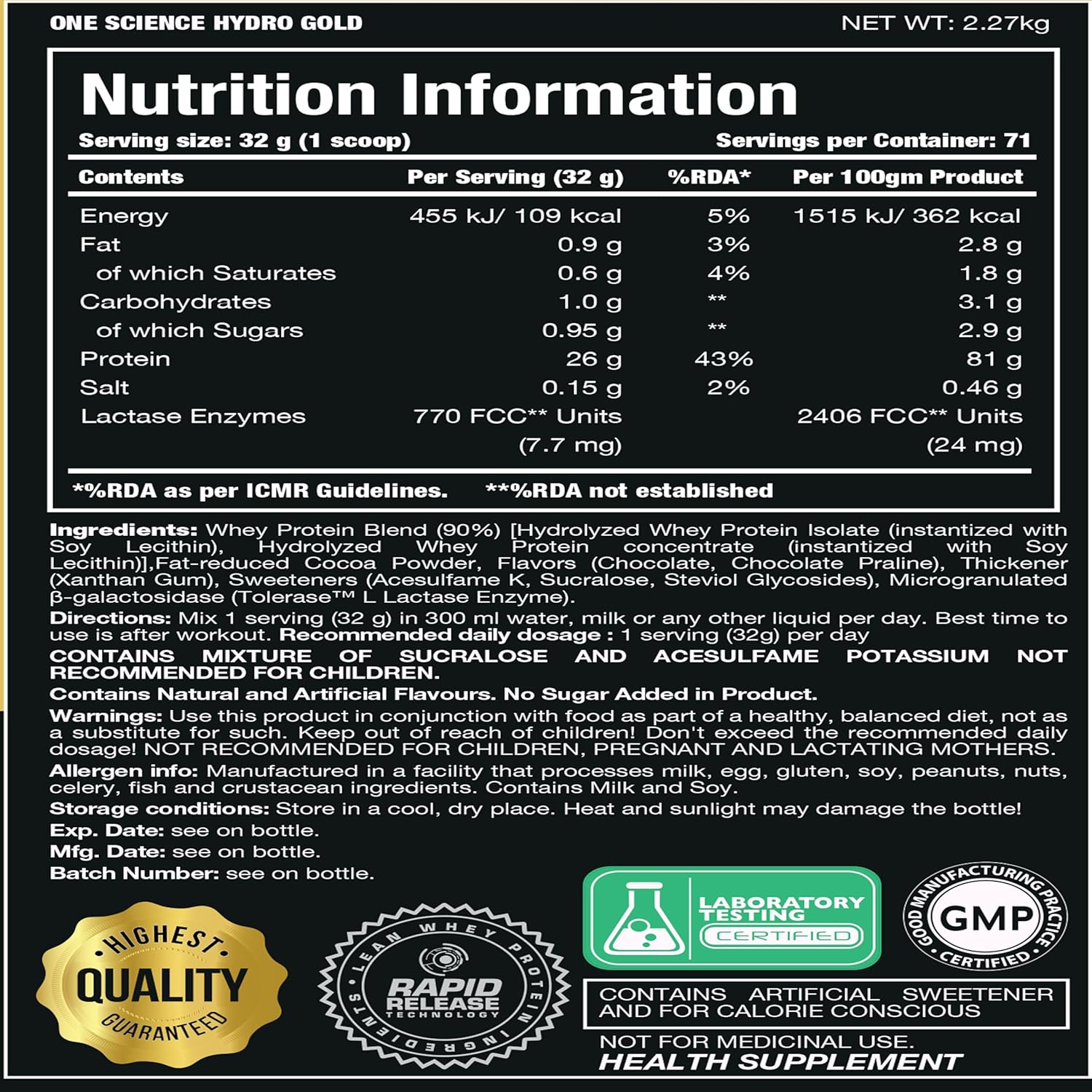 One science nutrition Hydro gold 2.27kg