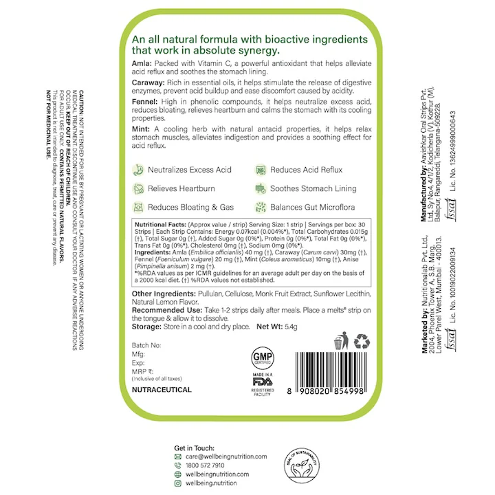 Wellbeing Nutrition Melts Into Acidity Relief Natural Lemon Mint 30strips
