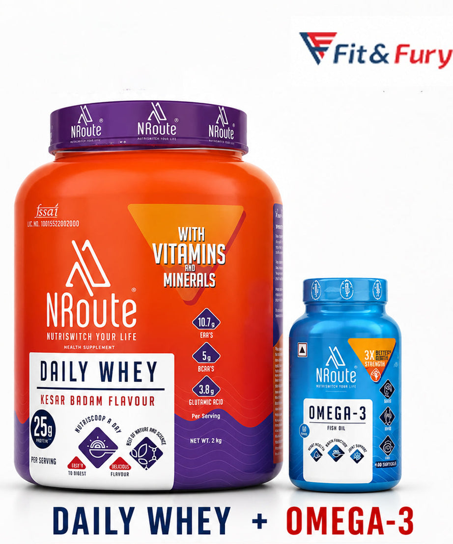 NRoute Daily Whey and Omega-3 combo pack on a white background, featuring a large orange and purple tub of Daily Whey and a smaller blue bottle of Omega-3, with a Fit & Fury logo and promotional text.