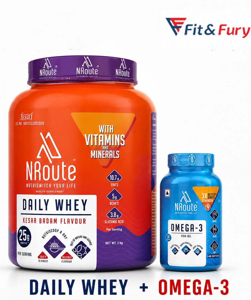 NRoute Daily Whey and Omega-3 combo pack on a white background, featuring a large orange and purple tub of Daily Whey and a smaller blue bottle of Omega-3, with a Fit & Fury logo and promotional text.