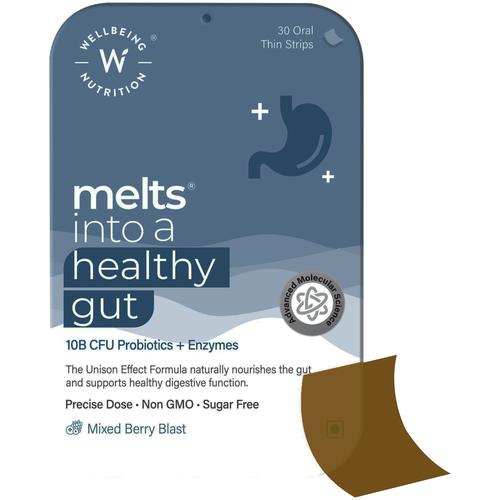 Wellbeing Nutrition Melts Into Healthy Gut 10B CFU Probiotics + Enzymes 30strips
