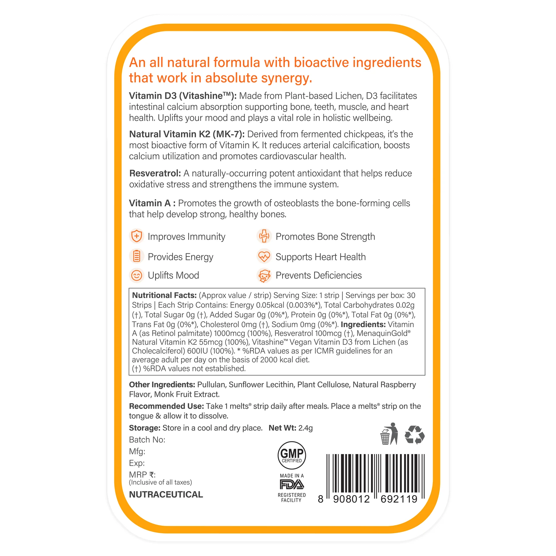 Wellbeing Nutrition Natural Vitamin D3 30strips