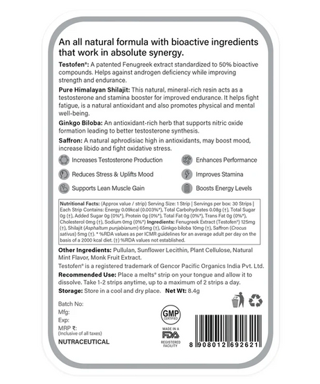 Wellbeing Nutrition Melts Into Testo Power Testofen + Himalayan Shilajit 30strips