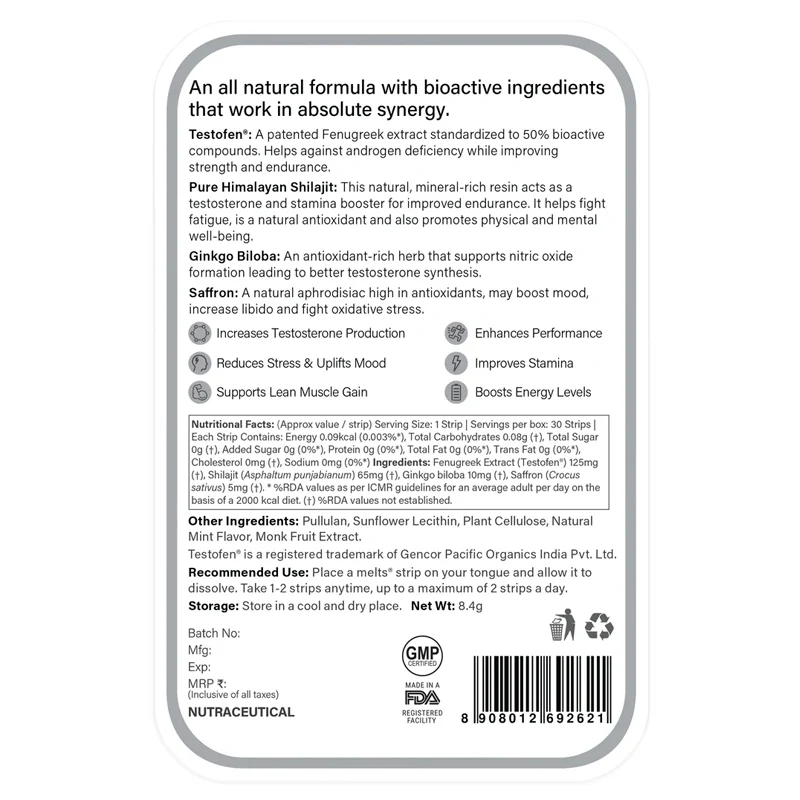 Wellbeing Nutrition Melts Into Testo Power Testofen + Himalayan Shilajit 30strips