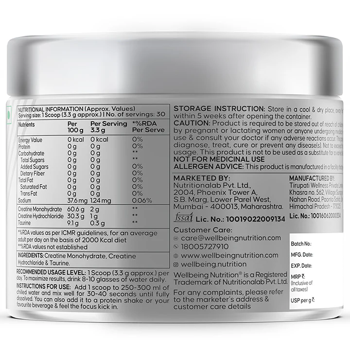 Wellbeing Nutrition Creatine + HCl 100g