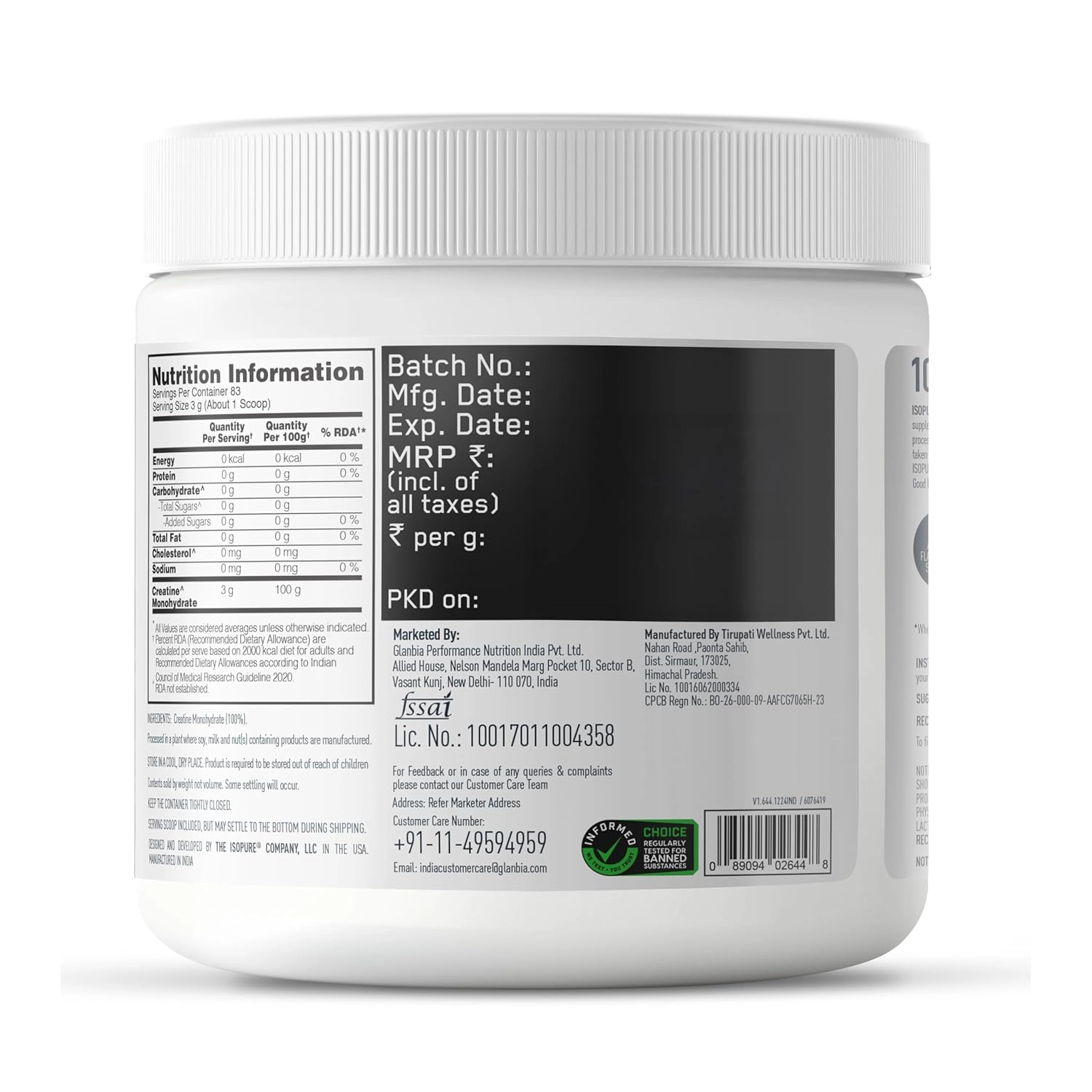 Isopure 100% Creatine Monohydrate 250g
